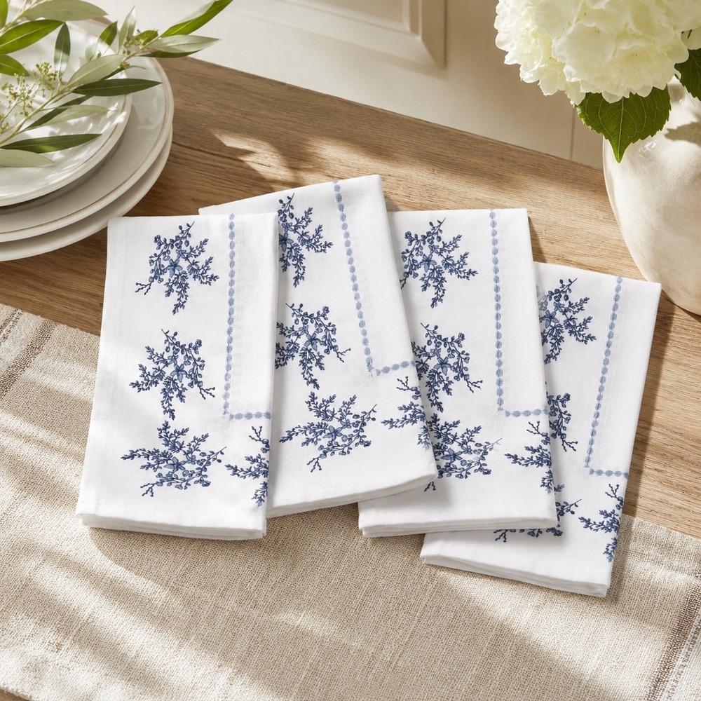 My Texas House Blue White Floral Cotton Cloth Napkin Set 4pc 20x20 NEW